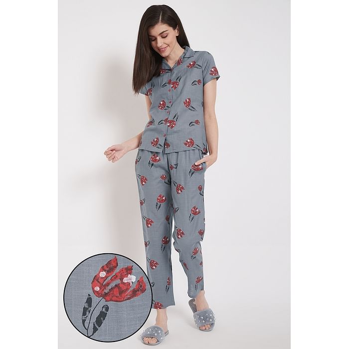 Clovia - Clovia Pretty Florals Button Me Up Shirt & Pyjama Set in Grey – 100% Cotton – LS0385A05
