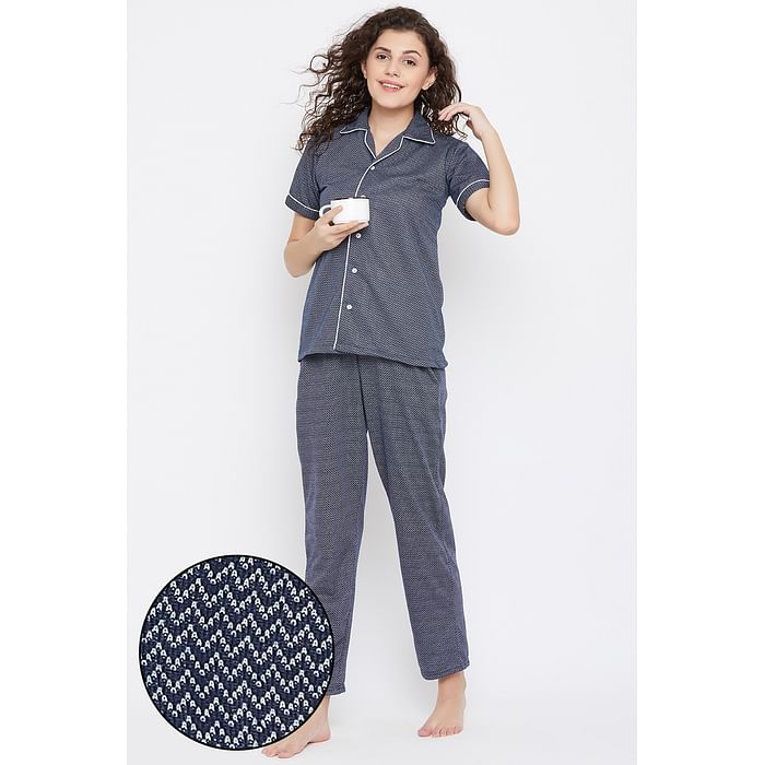 

Clovia Button Me Up Shirt & Pyjama Set in Dark Blue- Crepe - LS0385A08, Navy