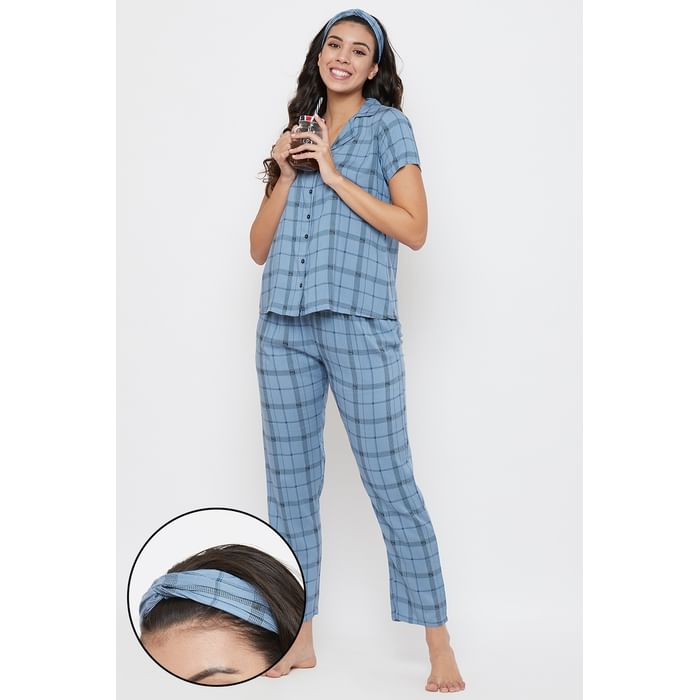 

Clovia Classic Checks Button Me Up Shirt & Pyjama with Knottted Hairband in Powder Blue - Rayon - LS0385D01, Light grey