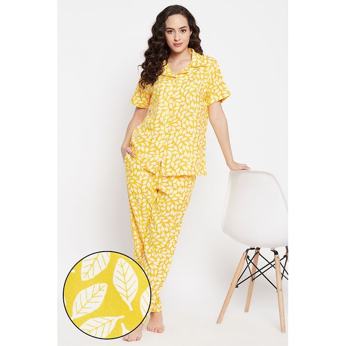 

Clovia Leaf Print Button Down Shirt & Pyjama Set in Golden Yellow - Rayon - LS0385D02, Light yellow