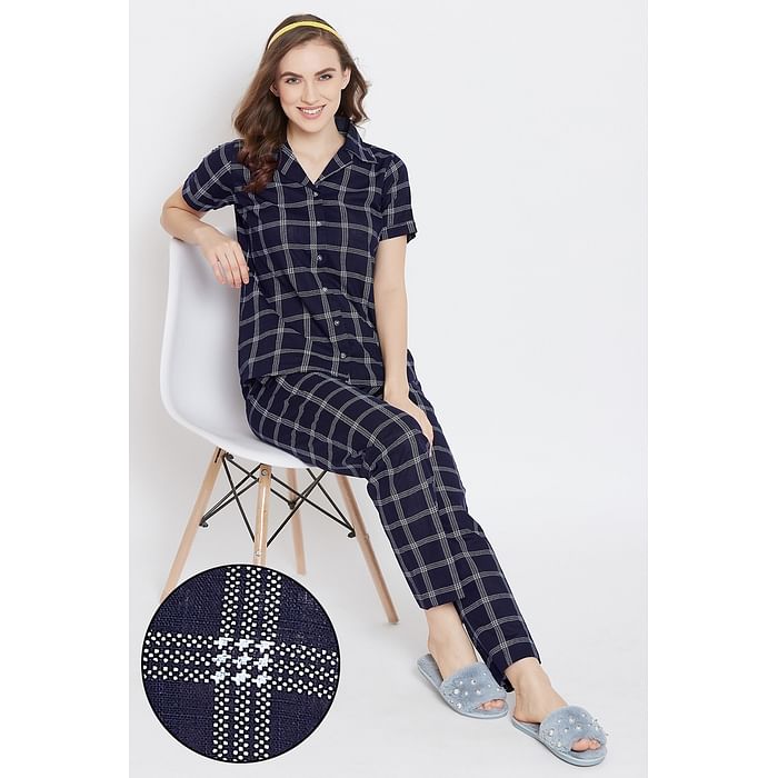 

Clovia Button Down Checked Shirt & Pyjama in Dark Blue - Rayon - LS0385D08, Navy