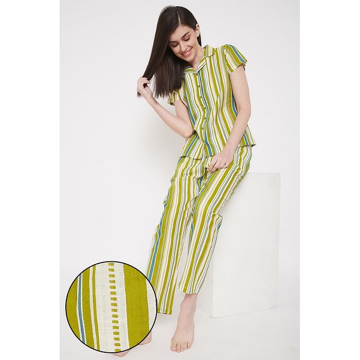 

Clovia Sassy Stripes Button Me Up Shirt & Pyjama Set in Green - 100% Cotton - LS0385D11, Light green