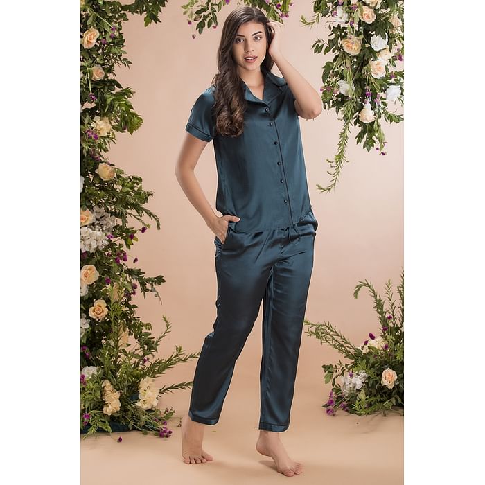 

Clovia Chic Basic Button Me Up Shirt & Pyjama Set in Teal - Satin - LS0385D17, Dark green