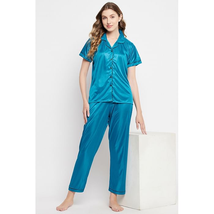 

Clovia Chic Basic Button Down Shirt & Pyjama Set in Teal Blue - Satin - LS0385D36