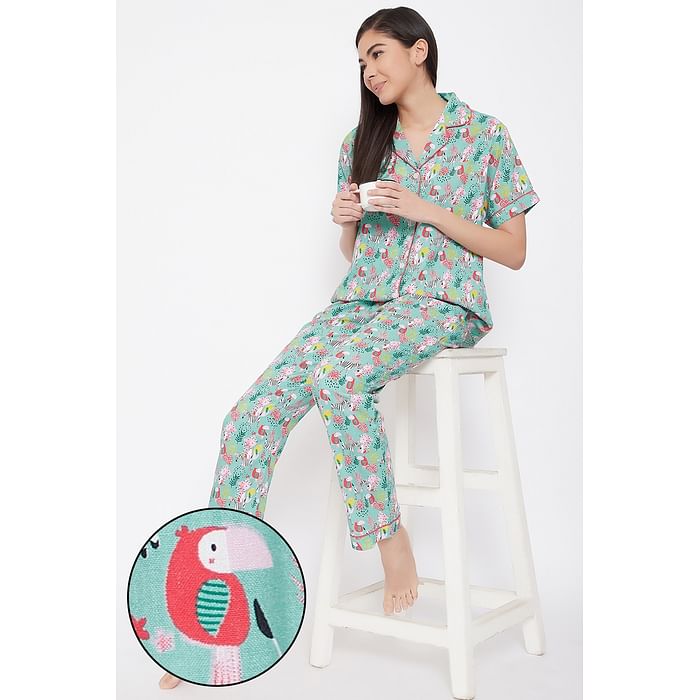 

Clovia Print Me Pretty Button Down Shirt & Pyjama Set in Cyan - Crepe - LS0385E11, Light green