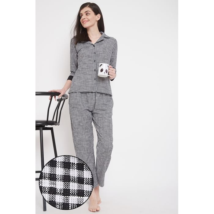 

Clovia Classic Checks Button Down Shirt & Pyjama in Black - Cotton Rich - LS0385F13