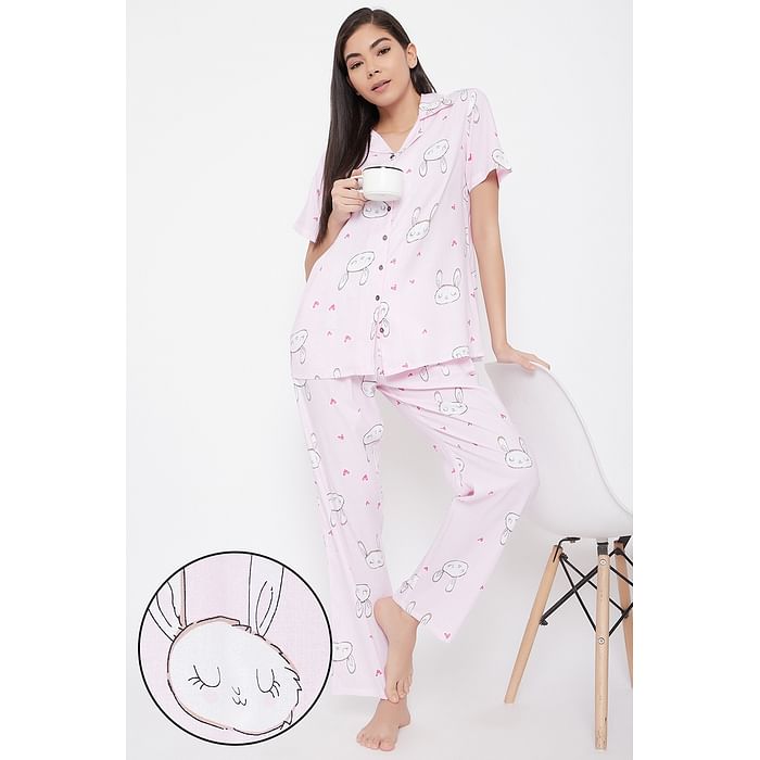 

Clovia Bunny & Heart Print Button Down Shirt & Pyjama in Baby Pink - Rayon - LS0385F22, Light pink