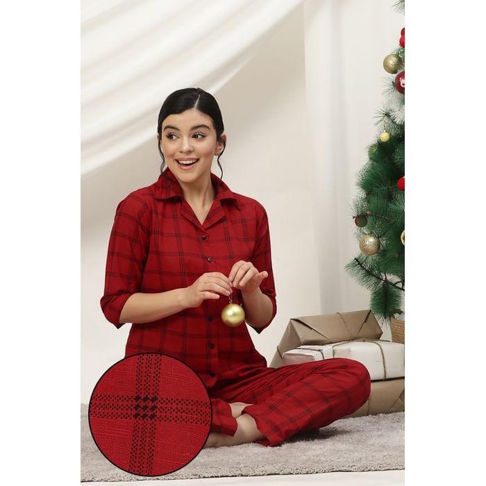 

Clovia Classic Checks Button Down Shirt & Pyjama Set in Red - 100% Cotton - LS0385H04