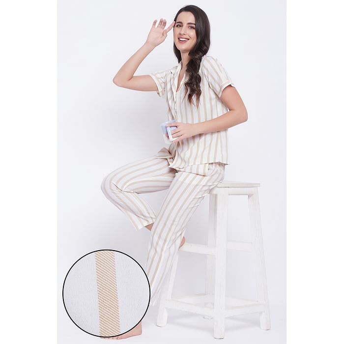 

Clovia Sassy Stripes Button Down Shirt & Pyjama Set in White - Crepe - LS0385H18