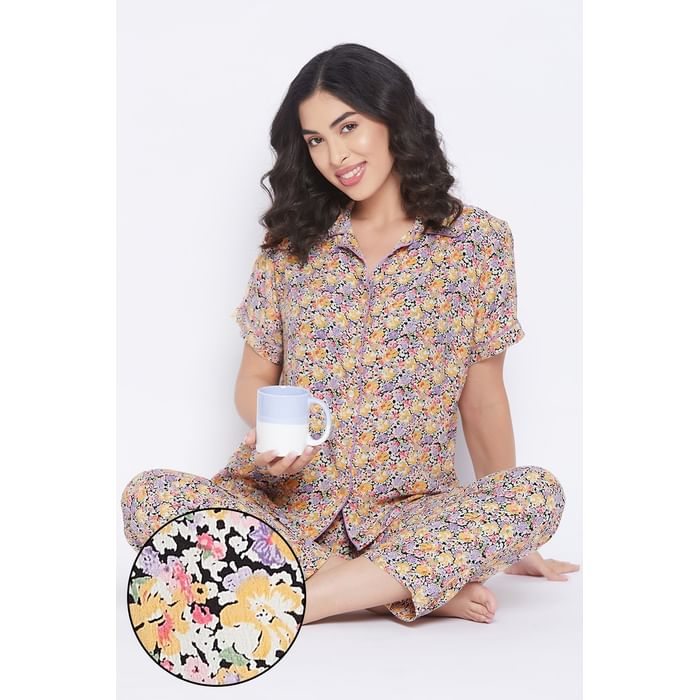 

Clovia Pretty Florals Button Me Up Shirt & Pyjama Set in Multicolour - Crepe - LS0385H19