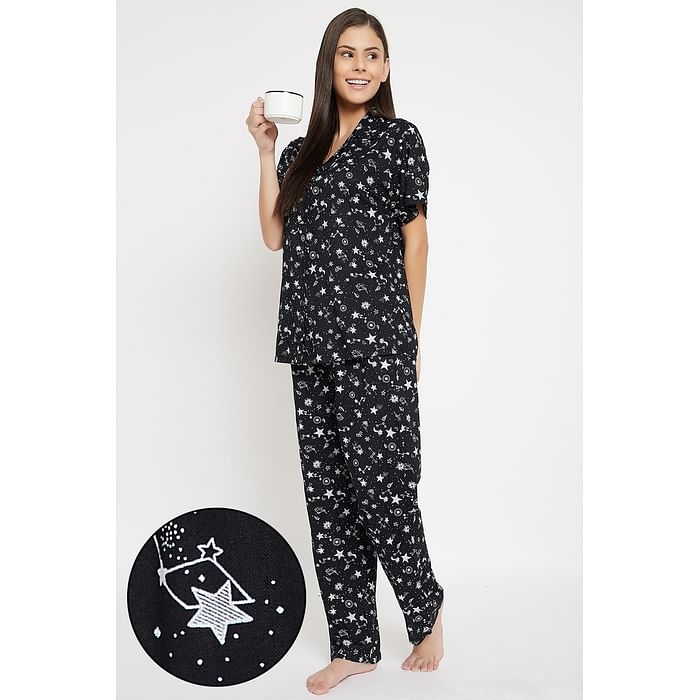 

Clovia Galaxy Print Button Me Up Shirt & Pyjama Set in Black - Crepe - LS0385J13