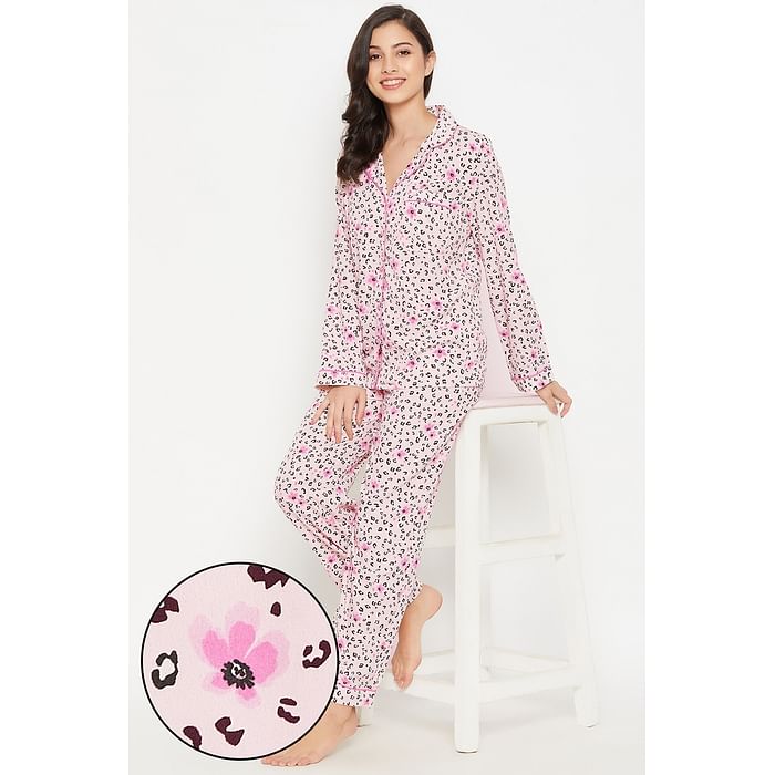 

Clovia Animal Print Button Me Up Shirt & Pyjama Set in Light Pink - Satin - LS0385J22