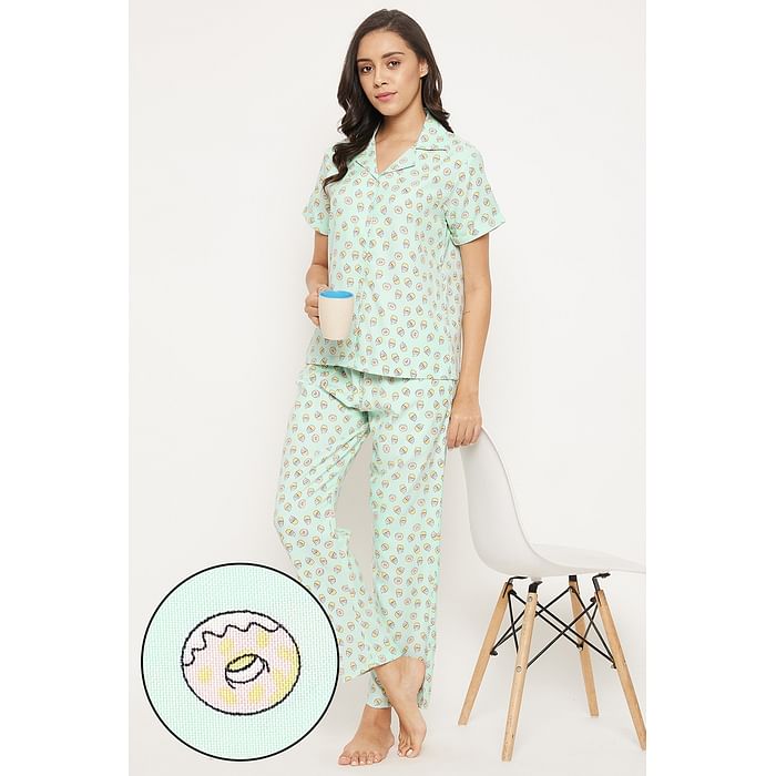 

Clovia Print Me Pretty Button Down Shirt & Pyjama Set in Mint Green - Rayon - LS0385K11, Light green