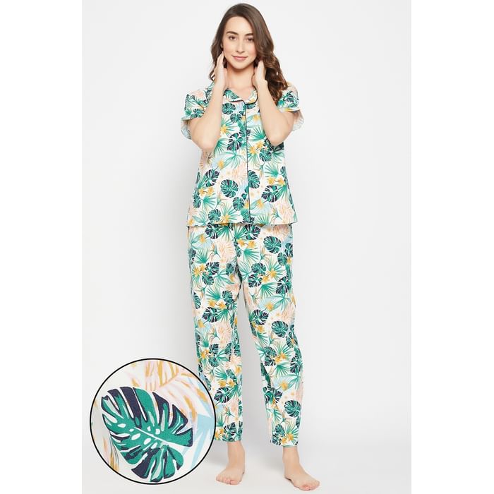 

Clovia Tropical Leaf Print Button Down Shirt & Pyjama Set in White - Rayon - LS0385K18