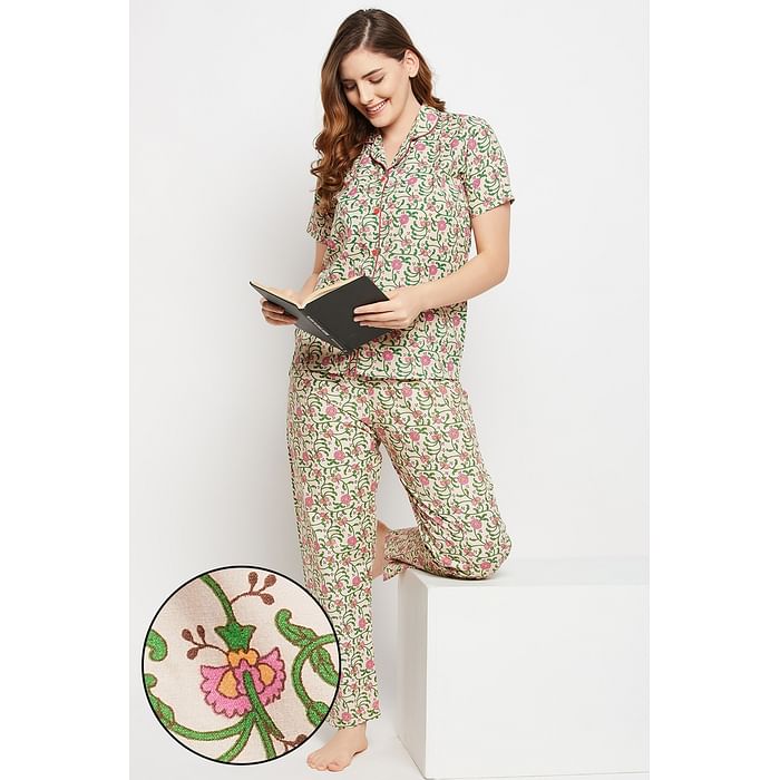 

Clovia Pretty Florals Button Down Shirt & Pyjama Set in Beige - 100% Cotton - LS0385K24, Nude-colour