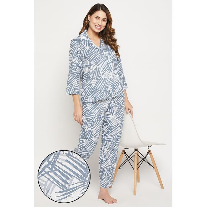 

Clovia Print Me Pretty Button Down Shirt & Pyjama Set in White - Rayon - LS0385M18