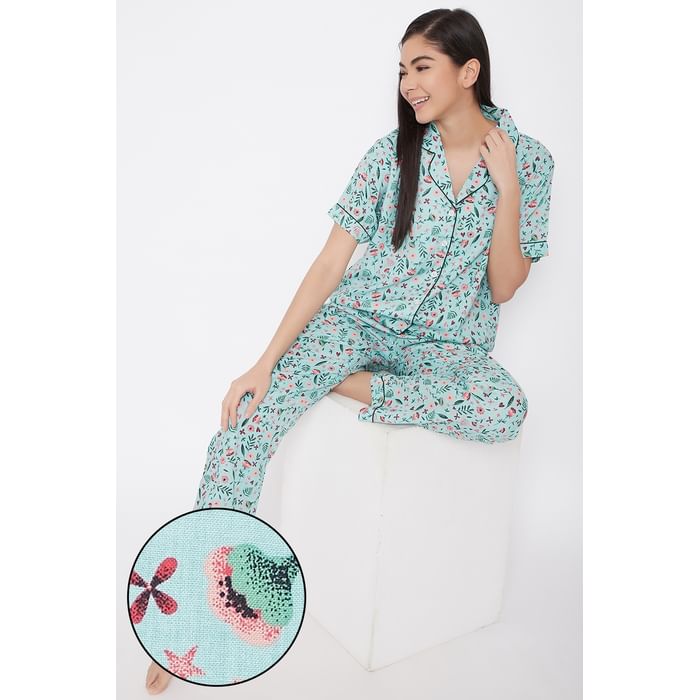 

Clovia Pretty Florals Button Me Up Shirt & Pyjama in Sky Blue - Crepe - LS0385P03, Light blue