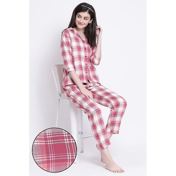 

Clovia Classic Checks Button Down Top & Pyjama in Dark Pink- Cotts Wool - LS0385P14