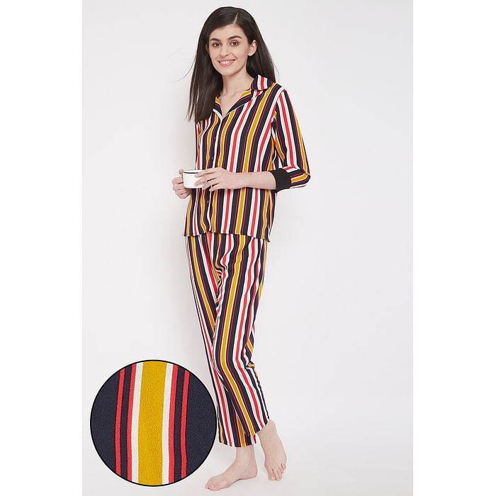 

Clovia Sassy Stripes Button Me Up Shirt & Pyjama Set in Multicolour- Crepe - LS0385P19