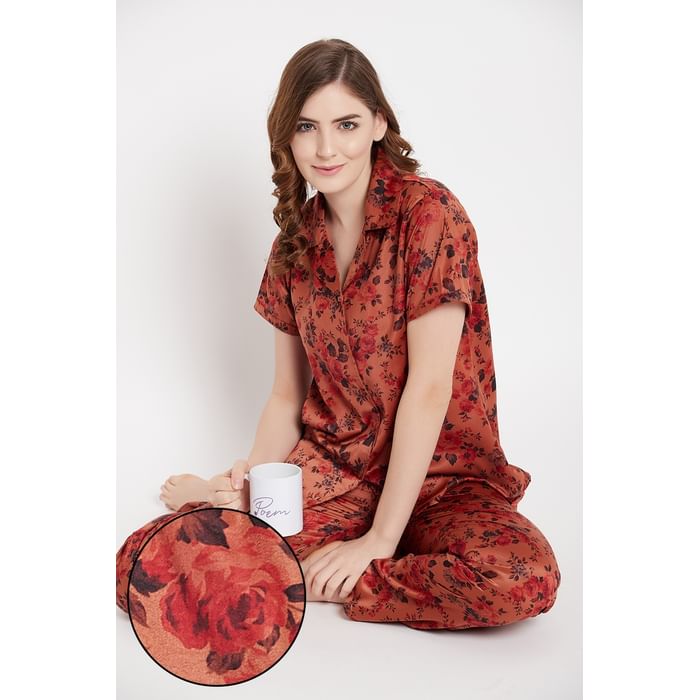 

Clovia Pretty Florals Button Me Up Shirt & Pyjama Set in Copper Colour - Satin - LS0385R06, Brown