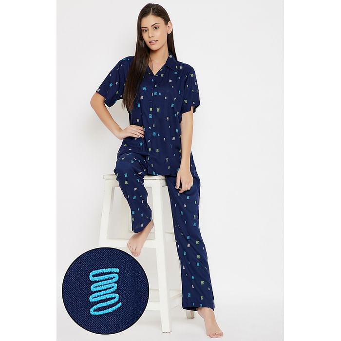

Clovia Print Me Pretty Button Down Shirt & Pyjama in Navy- 100% Cotton - LS0385S08