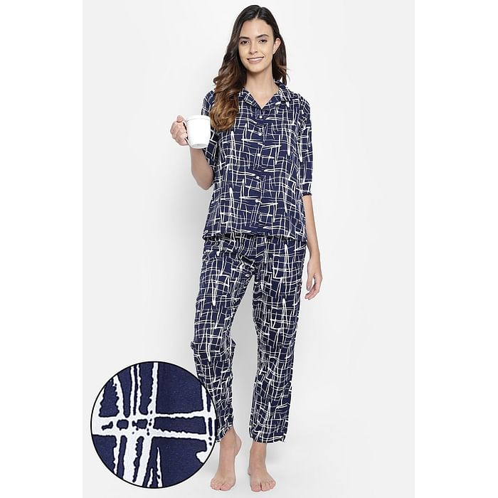 

Clovia Print Me Pretty Button Down Shirt & Pyjama Set in Navy - Crepe - LS0385T08