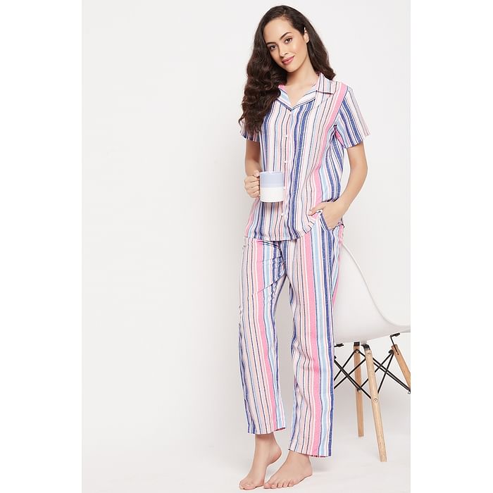 

Clovia Sassy Stripes Button Down Shirt & Pyjama Set in Multicolour - Rayon - LS0385T19