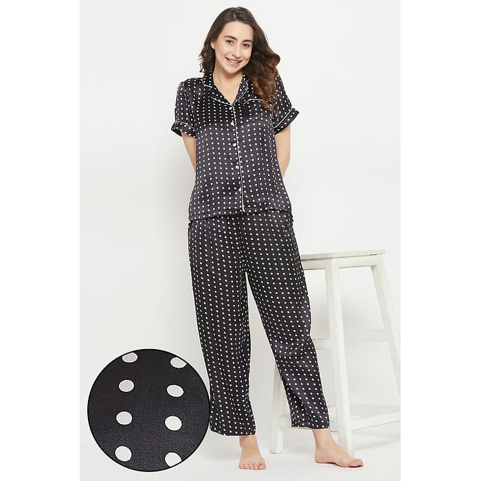 

Clovia Polka Dot Print Button Down Shirt & Pyjama Set in Black - Satin - LS0385X13