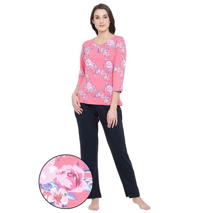 

Clovia Floral Print Top & Pyjama Set in Dark Pink - 100% Cotton - LS0403P14