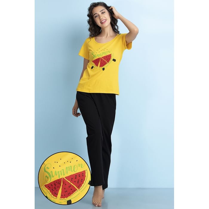 

Clovia Text & Watermelon Print Sleep T-shirt in Yellow & Solid Pyjama in Black - Cotton Rich - LS0406P02, Light yellow