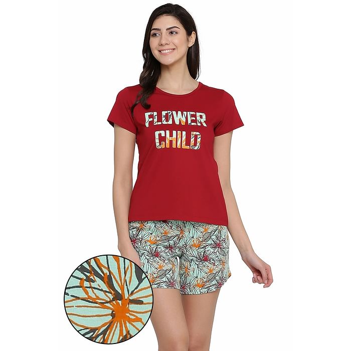 

Clovia Pretty Florals Top & Shorts Set in Maroon & Green-Cotton Rich - LS0410A09