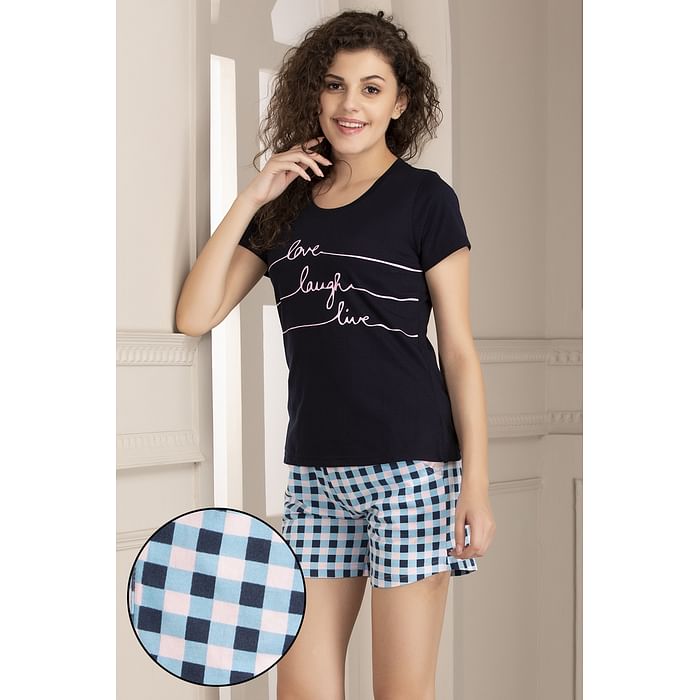 

Clovia Printed Top & Checkered Shorts Set in Blue - 100% Cotton - LS0410D08, Navy