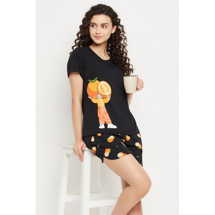 

Clovia Orange Print Top & Shorts Set in Black - 100% Cotton - LS0410E13