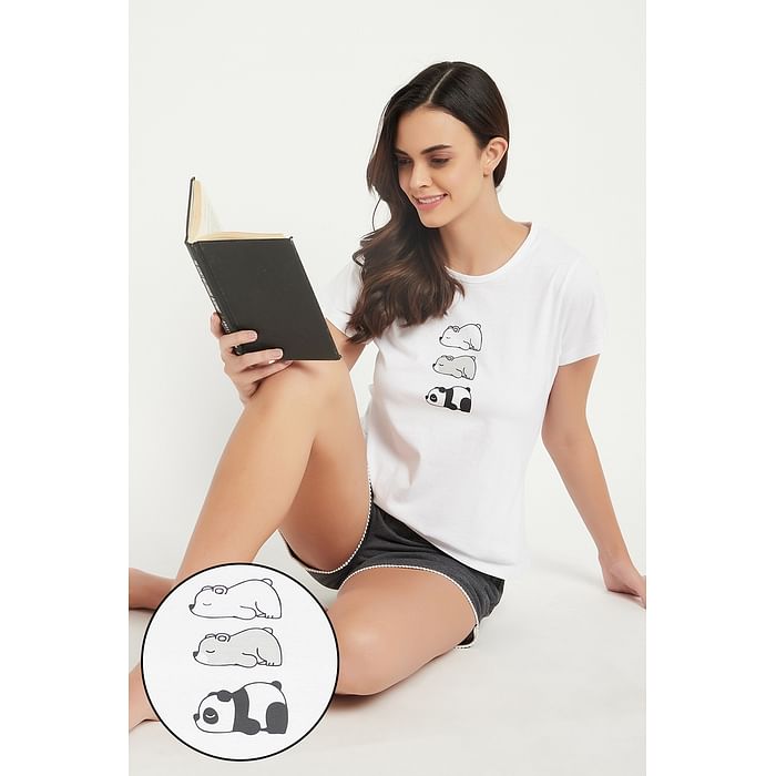 

Clovia Panda Print Top in White & Chic Basic Shorts in Dark Grey - 100% Cotton - LS0410E18