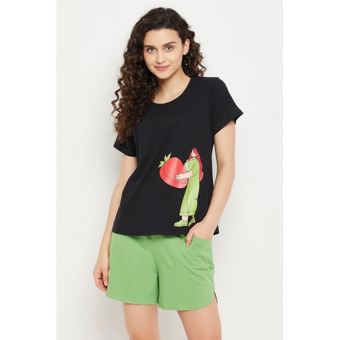 

Clovia Strawberry Print Top in Black & Chic Basic Shorts in Green - 100% Cotton - LS0410F13