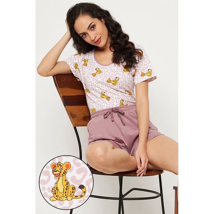 

Clovia Leopard Print Top & Chic Basic Shorts Set in White & Mauve- 100% Cotton - LS0410F18