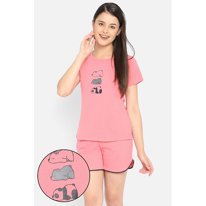 

Clovia Graphic Print Top & Short Set in Coral Pink - 100% Cotton - LS0410F34, Teal