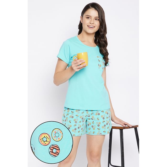 

Clovia Donut Print Top & Short Set in Aqua Blue - 100% Cotton - LS0410G03, Light blue
