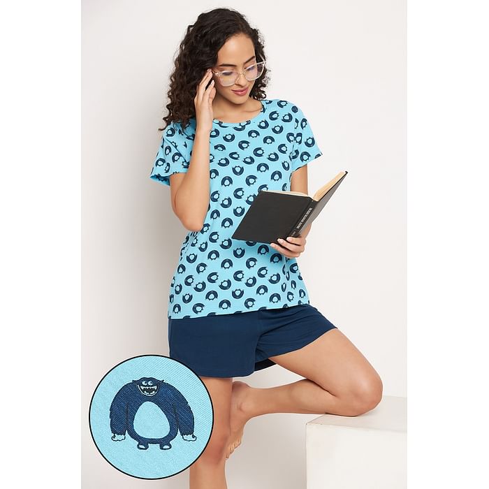 

Clovia Monster Emoji Print Top & Solid Shorts Set in Sky Blue - 100% Cotton - LS0410J03, Light blue