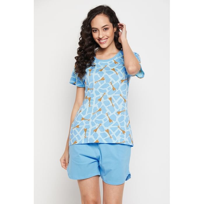 

Clovia Giraffe Print Top & Solid Shorts Set in Sky Blue - 100% Cotton - LS0410K03, Light blue