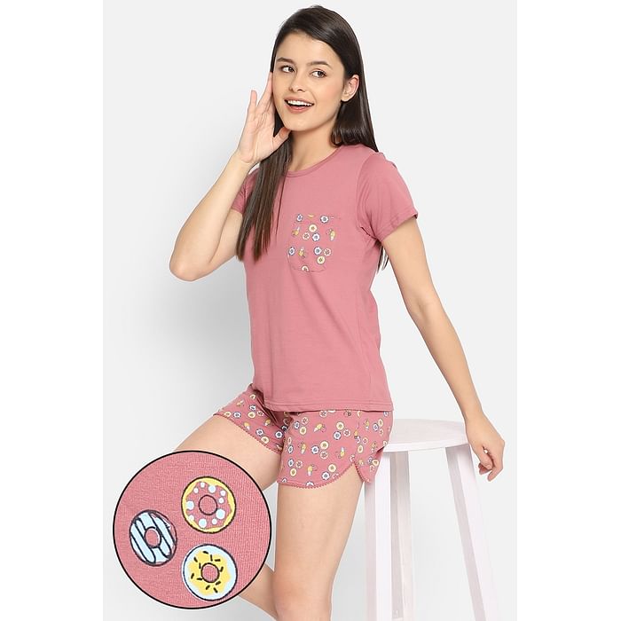 

Clovia Donut Print Top & Short Set in Dusky Print - 100% Cotton - LS0410P14, Pink