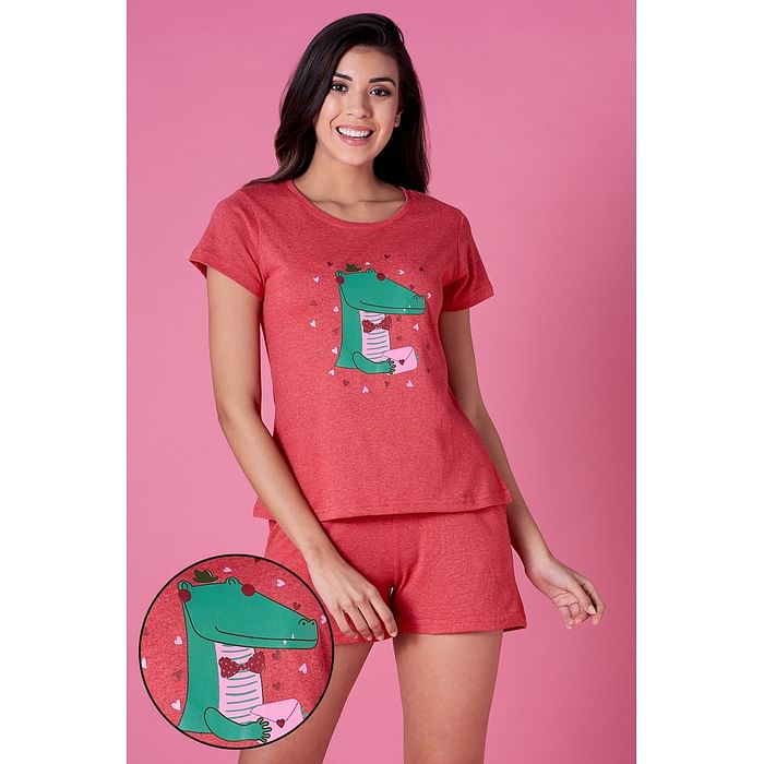 

Clovia Crocodile & Heart Print Top & Shorts Set in Red - Cotton Rich - LS0410P34, Teal