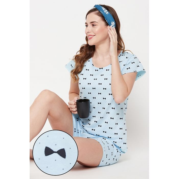 

Clovia Bow Print Top & Shorts Set in Light Blue - 100% Cotton - LS0410T03