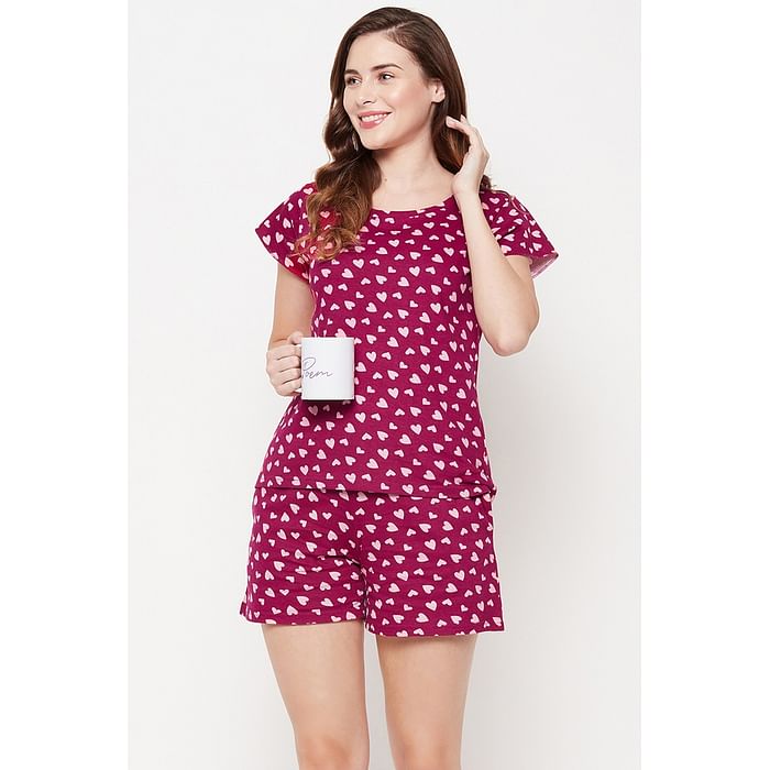 

Clovia Heart Print Top & Shorts Set in Maroon - 100% Cotton - LS0410T09