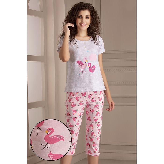 

Clovia Wild At Heart Top & Capri Set in Grey & Pink- Cotton Rich - LS0411A01, Light grey