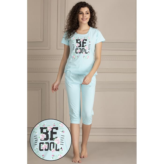 Clovia Quirky Text Top & Capri Set in Light Blue- 100% Cotton – LS0411P03