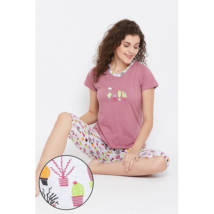 

Clovia Cool Cactus Top & Capri Set in Purple 100% Cotton - LS0411P15