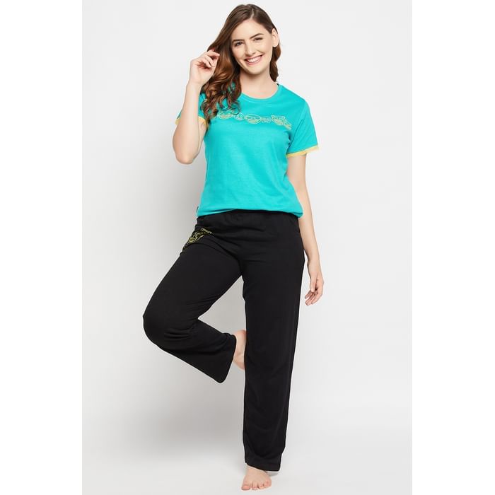

Clovia Emoji Print Top & Pyjama Set in Turquoise Green & Black - 100% Cotton - LS0413A17, Dark green