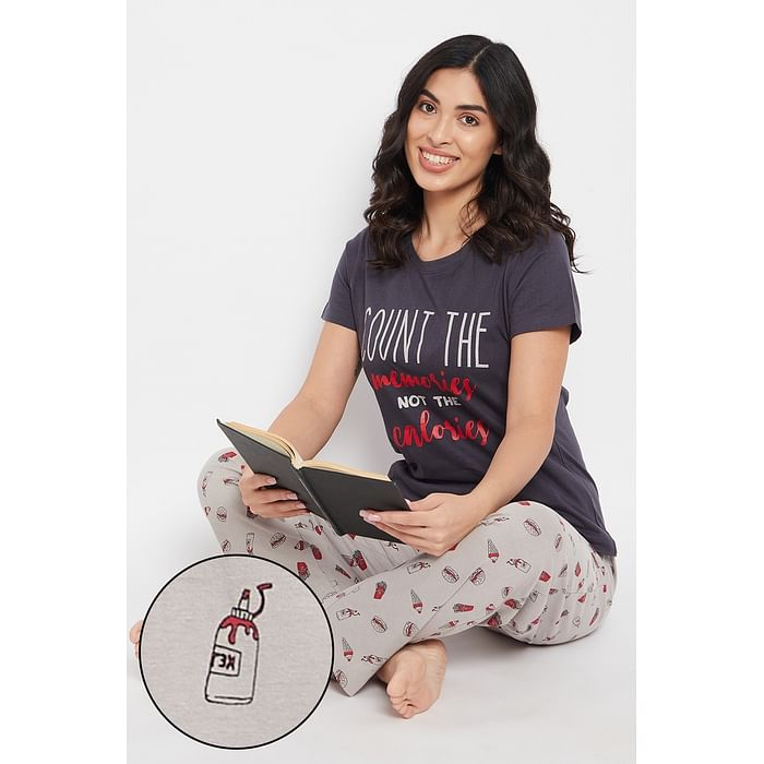 

Clovia Text Print Top & Printed Pyjama Set in Dark Grey - 100% Cotton - LS0413D05