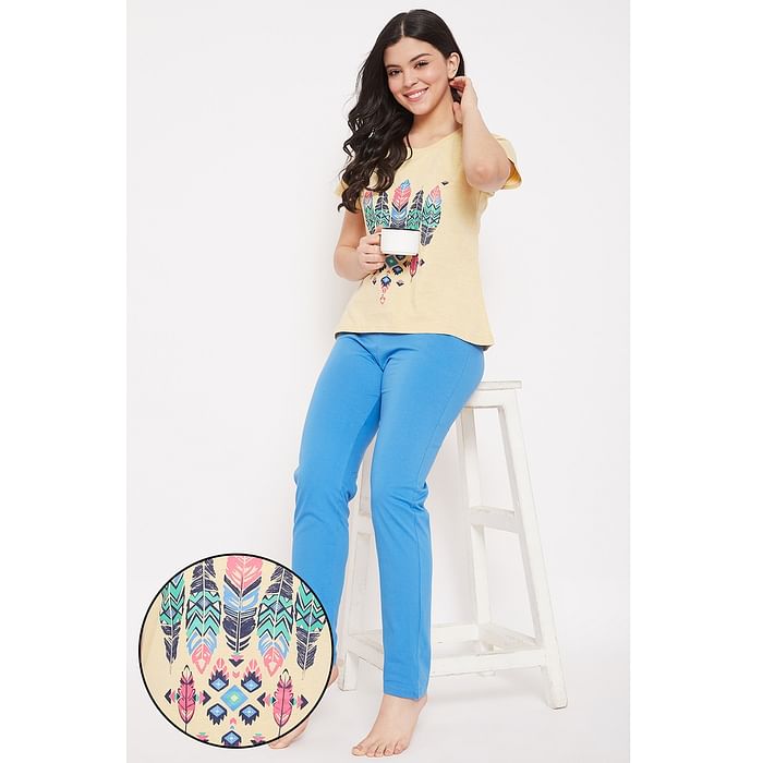 

Clovia Print Me Pretty Top & Pyjama in Beige & Light Blue - 100% Cotton - LS0413E02, Light yellow